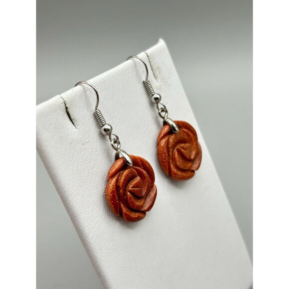Carved Roses Goldstone Earrings Pierced Dangles Small Floral Flowers Earrings - Picture 2 of 4